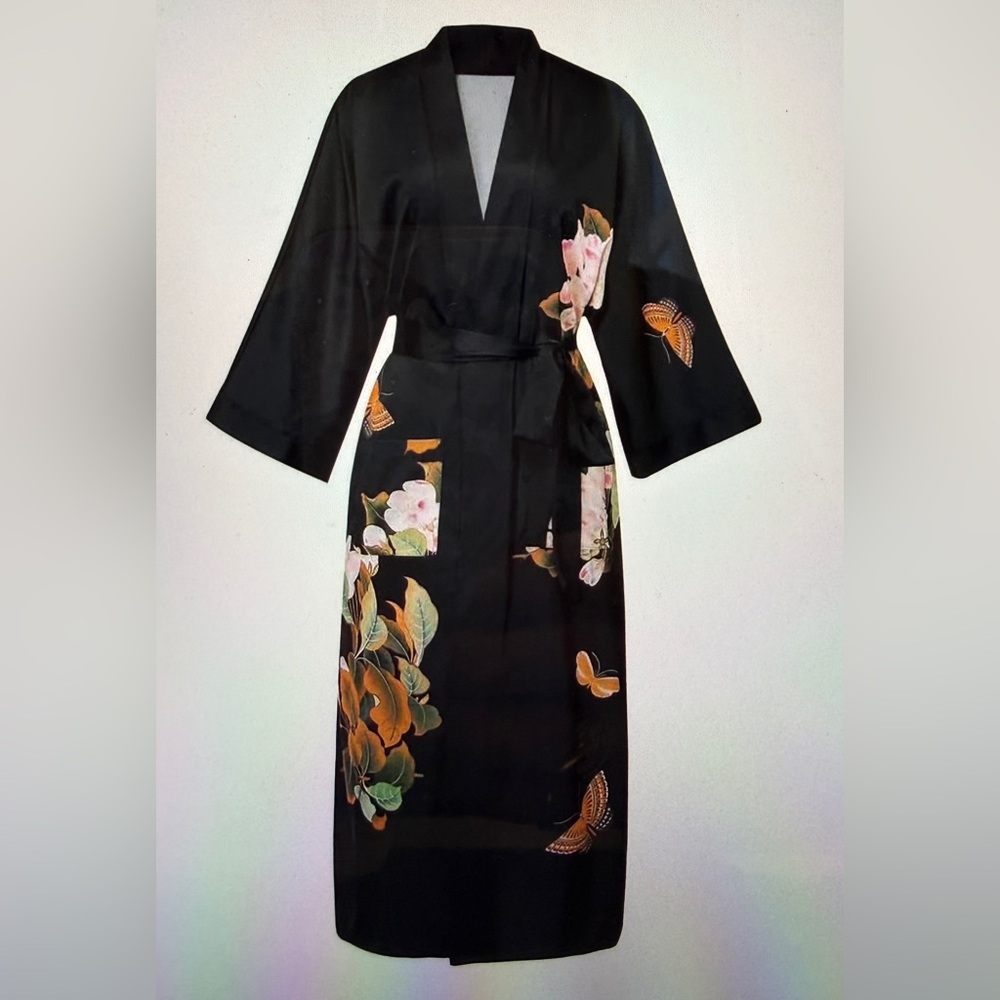 #1072 Black Floral Butterfly Silky feeling Kimono/Robe with tie & pockets